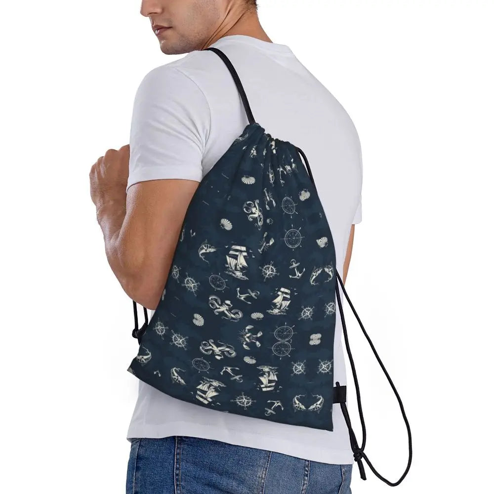 Custom Nautical Navy Anchor Pattern Drawstring Bags Women Men Lightweight Sailing Sailor Sports Gym Storage Backpack