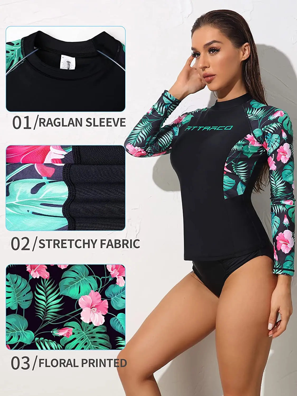 Anfilia Camisas femininas de manga comprida com proteção contra queimaduras, roupa de banho com proteção contra queimaduras, top de surf com estampa floral, camisa justa UPF 50+