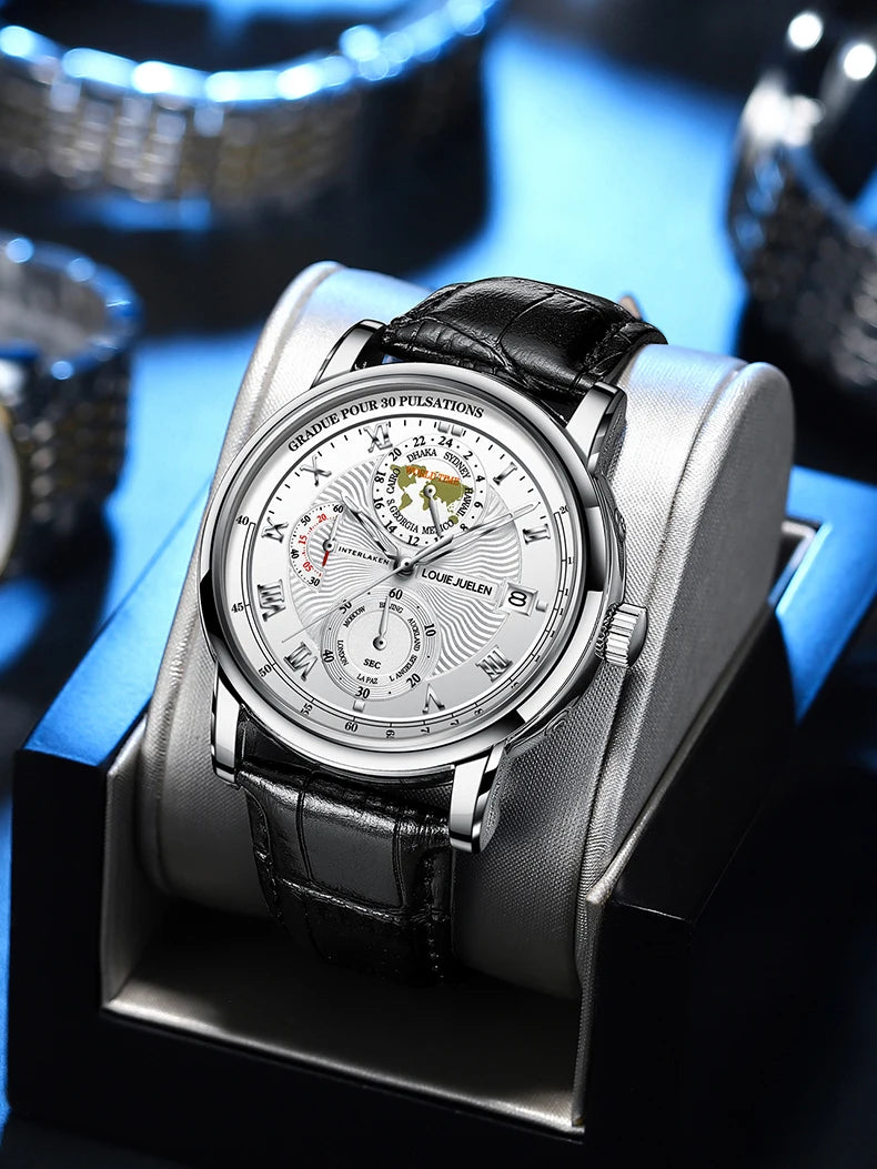 2023 relógios masculinos de luxo moda pulseira couro à prova dwaterproof água quartzo cronógrafo relógio para homem mapa elementos náuticos relógios pulso
