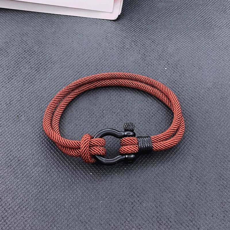 High Quality Men Marine Sailor Rope Nautical Survival Shackle Bracelet Black Stainless Steel Wrap Metal Sport Hooks For Women