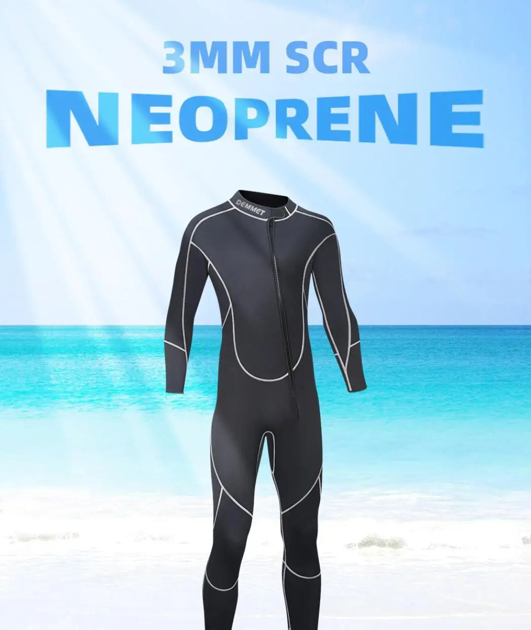 DEMMET 1.5MM Neoprene One-piece Wetsuit Men's Long Sleeves Front Unzipper To Keep Warm And Cold Surf Snorkeling Kayak