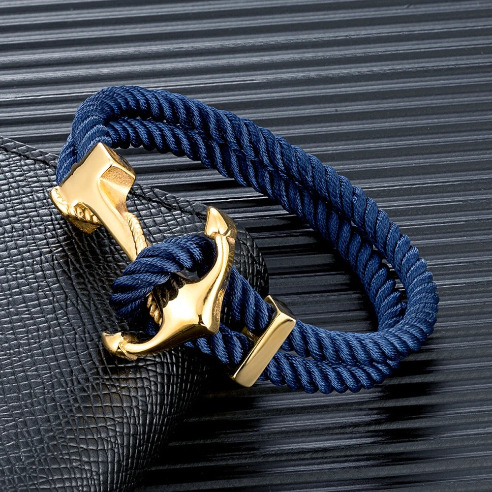 Charm Men Gold Plated Anchor Bracelets Double Strand Nautical Rope Bracelet For Women Stainless Steel Surfer Sport Accessories