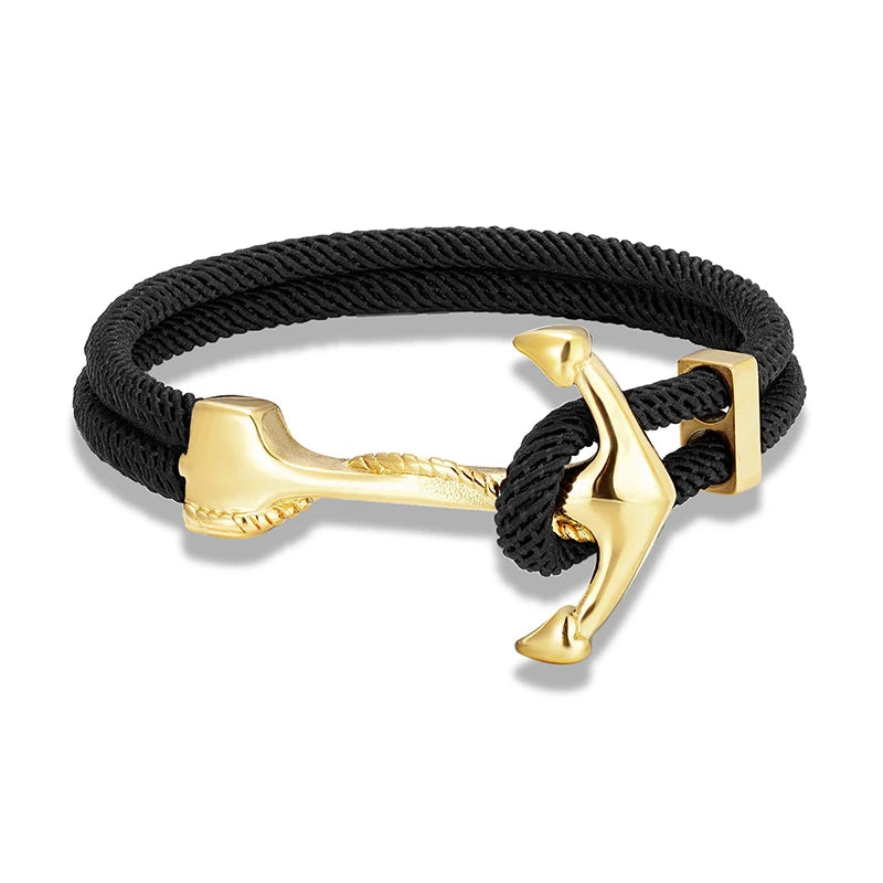 MKENDN Gold Plated Anchor Bracelet Men Charm Nautical Survival Rope Chain Paracord Bracelet Male Wrap Metal Sport Hooks