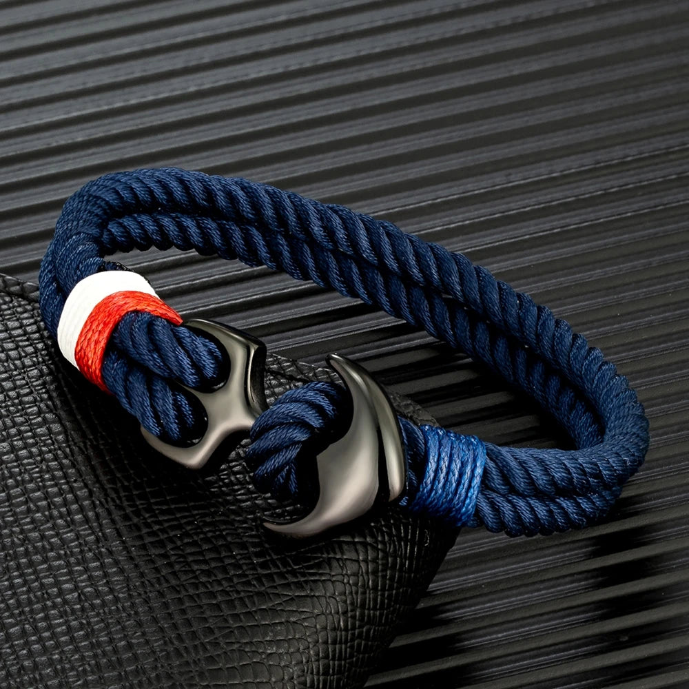 MKENDN Anchor Bracelets Men Double strand Nautical Surfer Waterproof Rope Bracelet Women Black Stainless Steel Sport Buckle