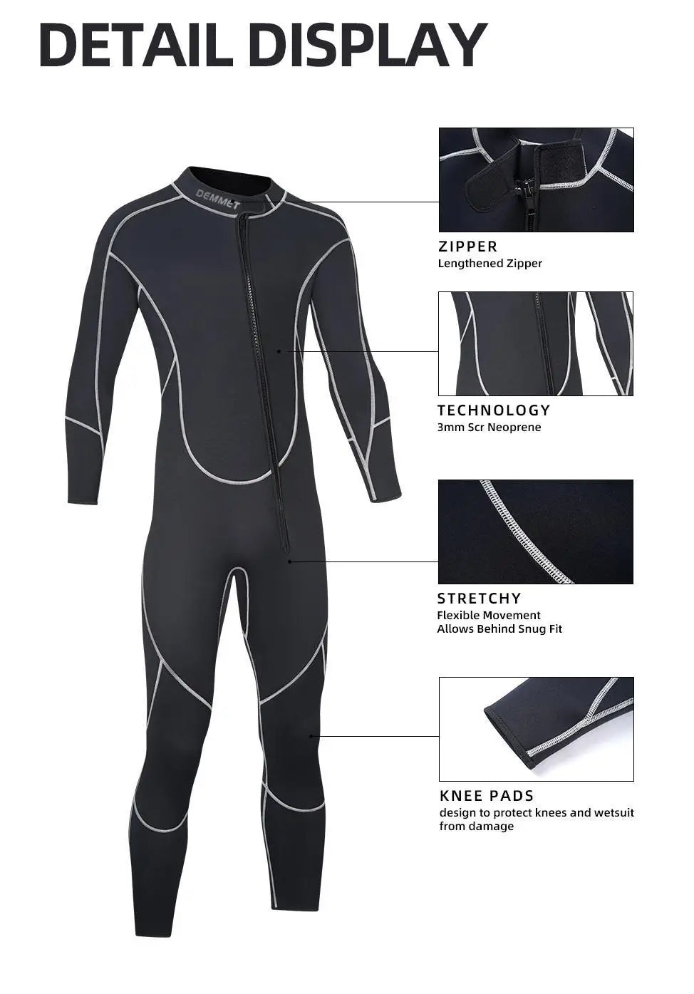 DEMMET 1.5MM Neoprene One-piece Wetsuit Men's Long Sleeves Front Unzipper To Keep Warm And Cold Surf Snorkeling Kayak