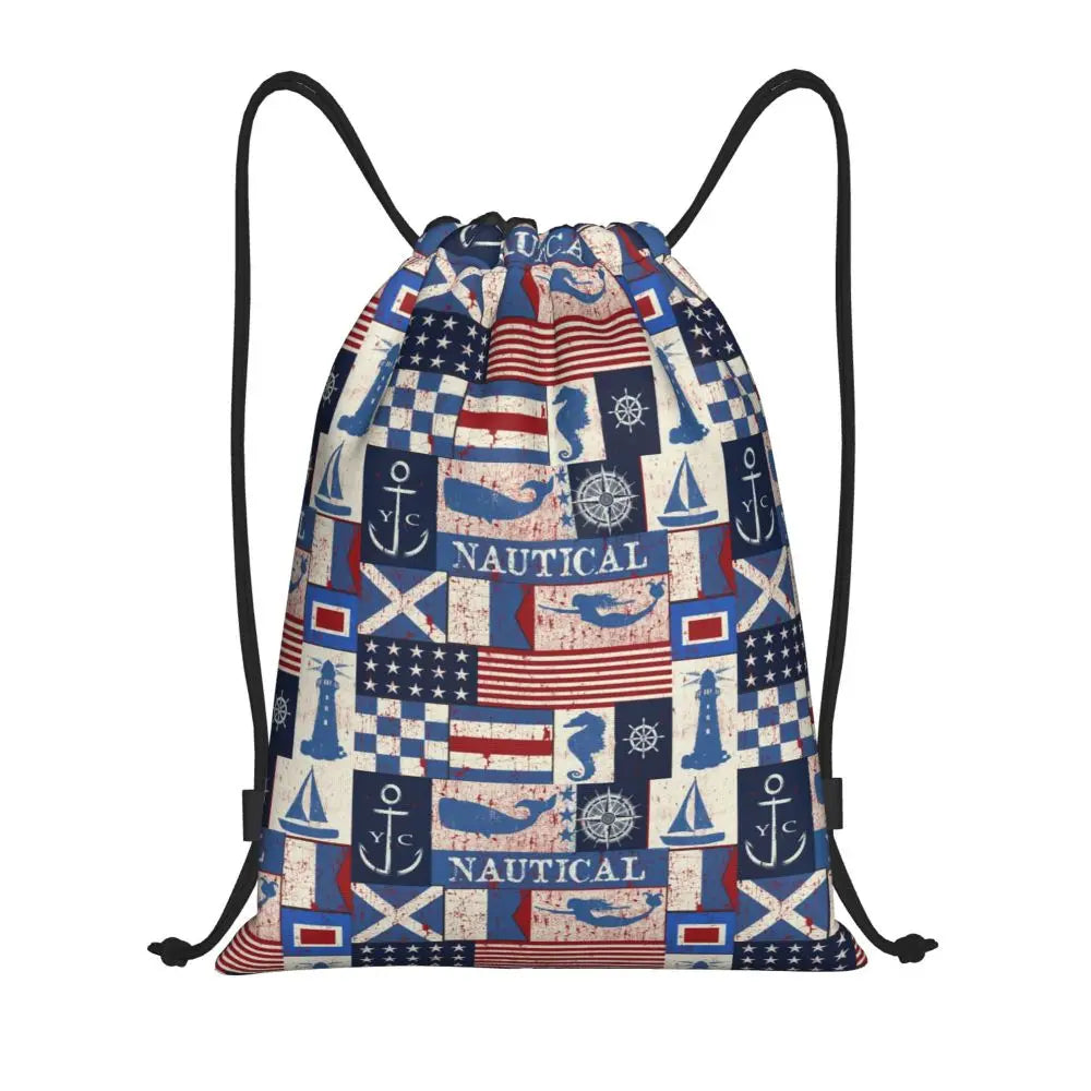 Custom Nautical Navy Anchor Pattern Drawstring Bags Women Men Lightweight Sailing Sailor Sports Gym Storage Backpack