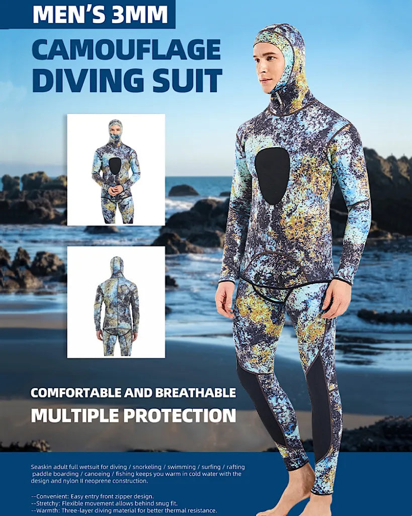 Demmet camuflagem com capuz 3mm roupa de mergulho de neoprene de duas peças para mergulho natação caça subaquática mantém quente e frio