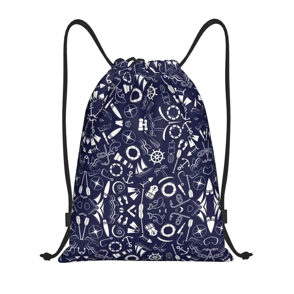 Custom Nautical Navy Anchor Pattern Drawstring Bags Women Men Lightweight Sailing Sailor Sports Gym Storage Backpack