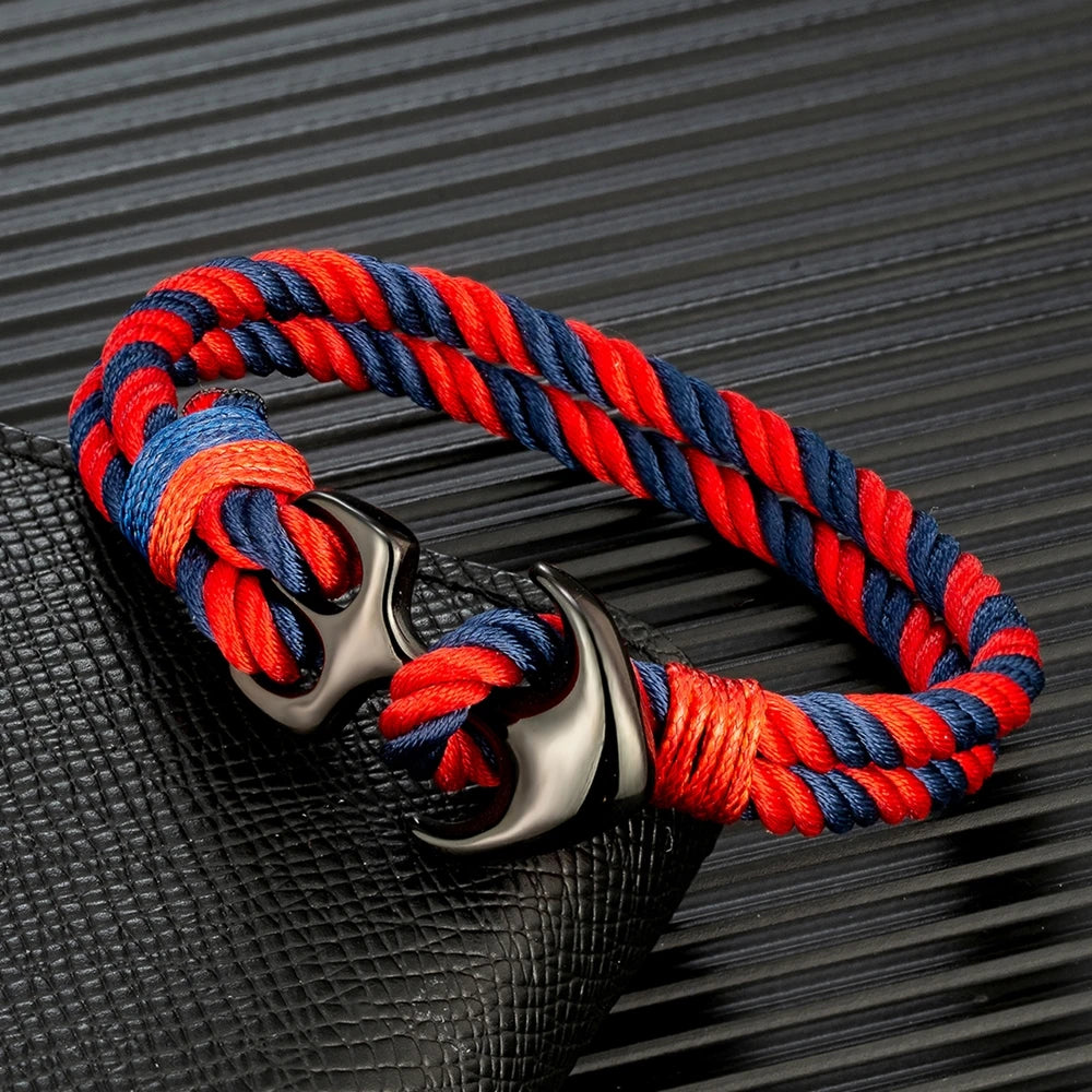 MKENDN Anchor Bracelets Men Double strand Nautical Surfer Waterproof Rope Bracelet Women Black Stainless Steel Sport Buckle