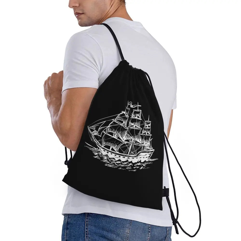 Custom Nautical Navy Anchor Pattern Drawstring Bags Women Men Lightweight Sailing Sailor Sports Gym Storage Backpack