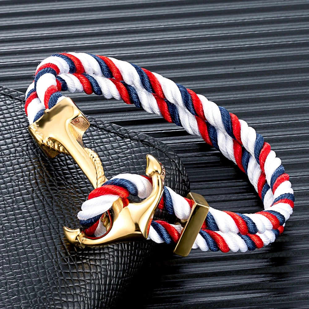 Charm Men Gold Plated Anchor Bracelets Double Strand Nautical Rope Bracelet For Women Stainless Steel Surfer Sport Accessories