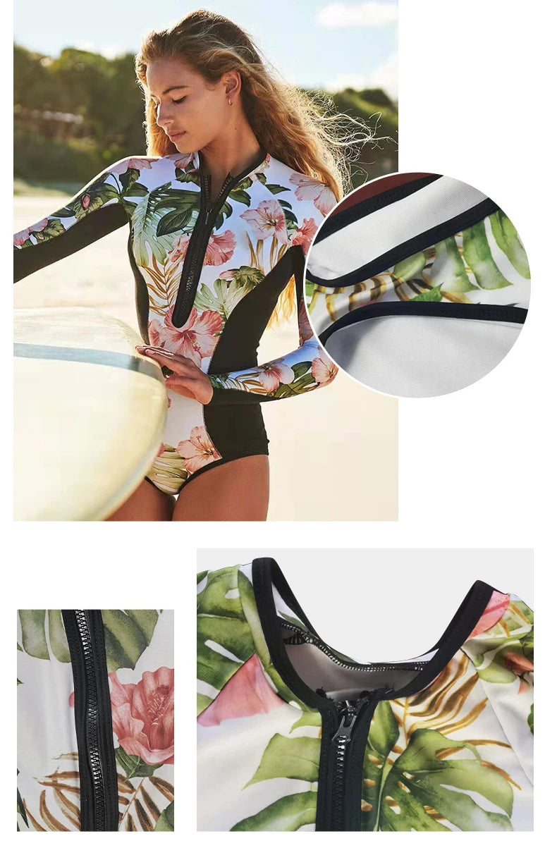 Surf Sports Swimwear Long Sleeve One-piece Swimsuit Women's Print Surf Swimsuit Single Gini Swimsuit Tropical Tights Women Wear