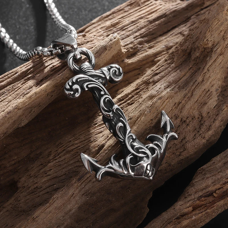 New Arrival Anchor Pattern Wave Necklace Retro Navy Nautical Pirate Pendant Stainless Steel Anchor Chain Men's Sports Jewelry