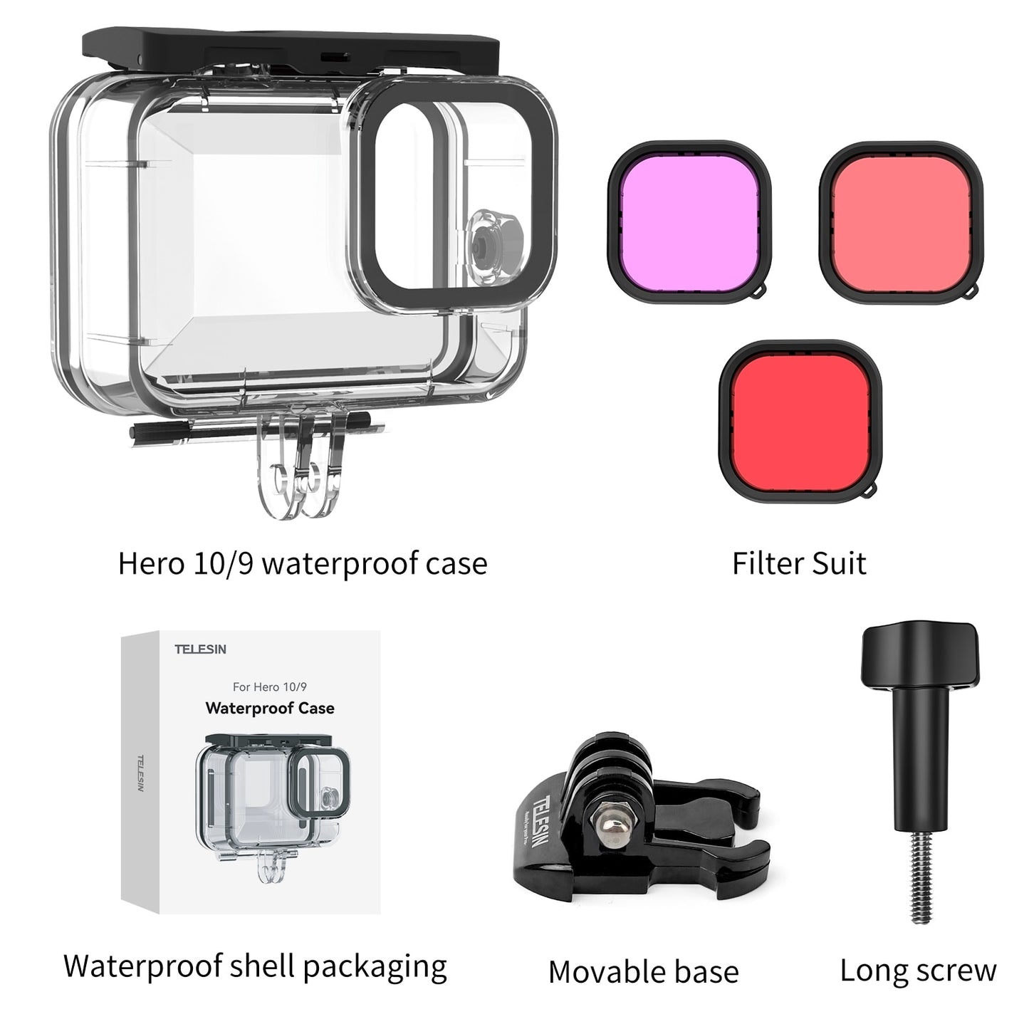 TELESIN 60M Waterproof Case For GoPro Hero 11 10 9 Underwater Diving Housing Cover With Dive Filter Action Camera Accessories