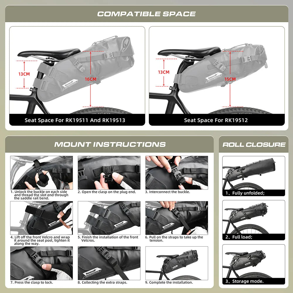 Rhinowalk bicicleta à prova dwaterproof água sela saco reflexivo grande capacidade dobrável cauda saco traseiro ciclismo mtb tronco pannier preto