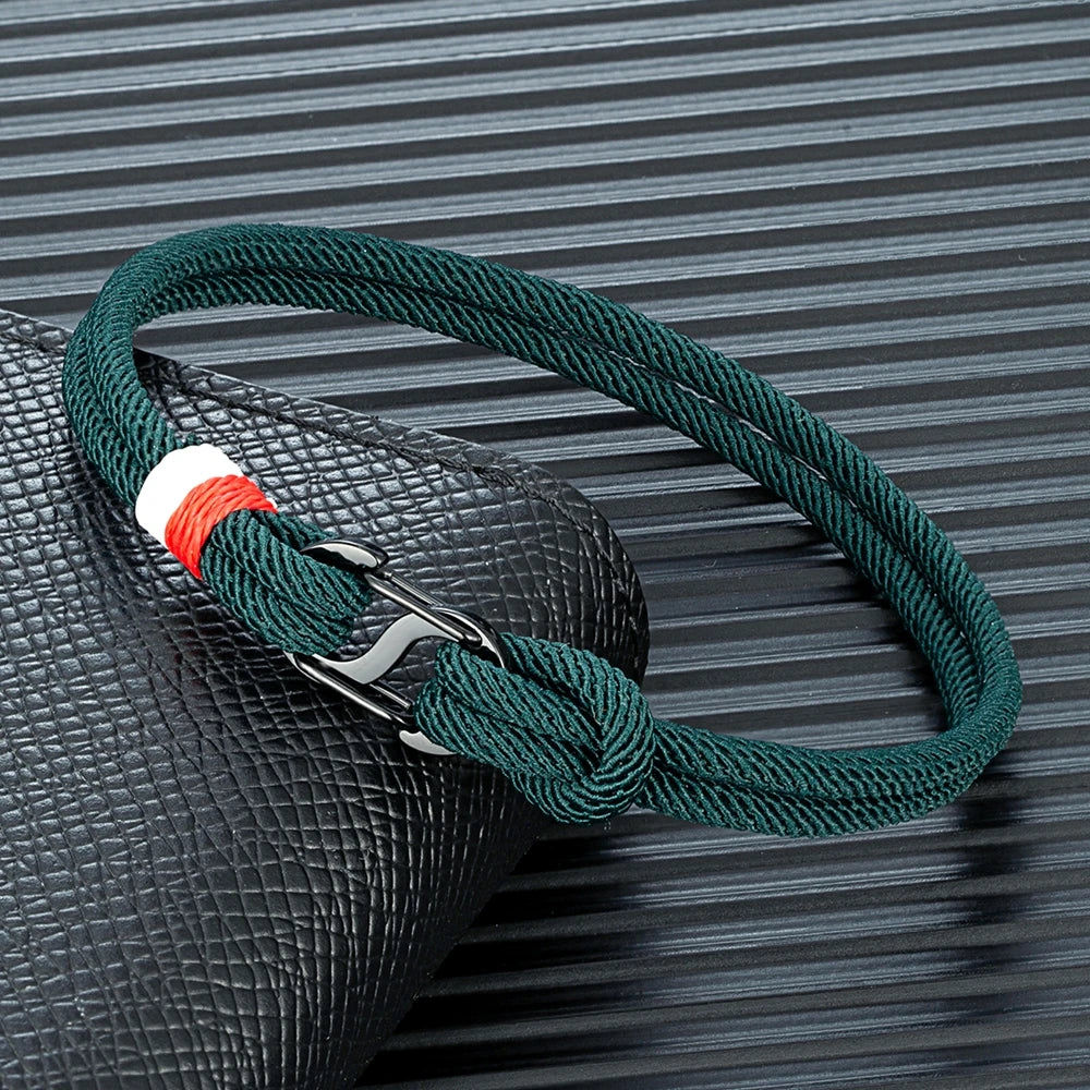 MKENDN Dainty Double Opening Clasp Men Double Strand Nautical Surfer Rope Bracelet Women Black Stainless Steel Carabiner Clasp