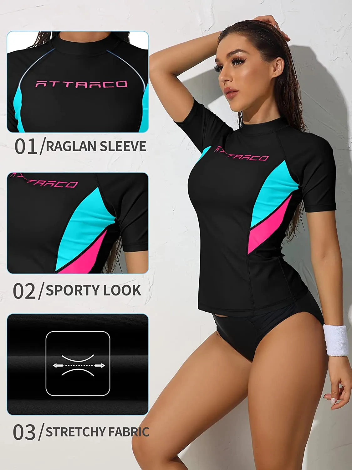 Anfilia Camisa feminina de manga curta com proteção contra queimaduras, roupa de banho com proteção contra queimaduras, top de surf, camisa justa UPF 50+