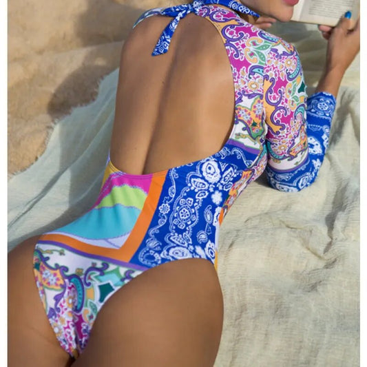 Women Bikini Set Bathing Suit Tropical Print One-Piece Swimsuit Long Sleeve Sunscreen Swimsuit Surf Wear Summer Swimming Suit