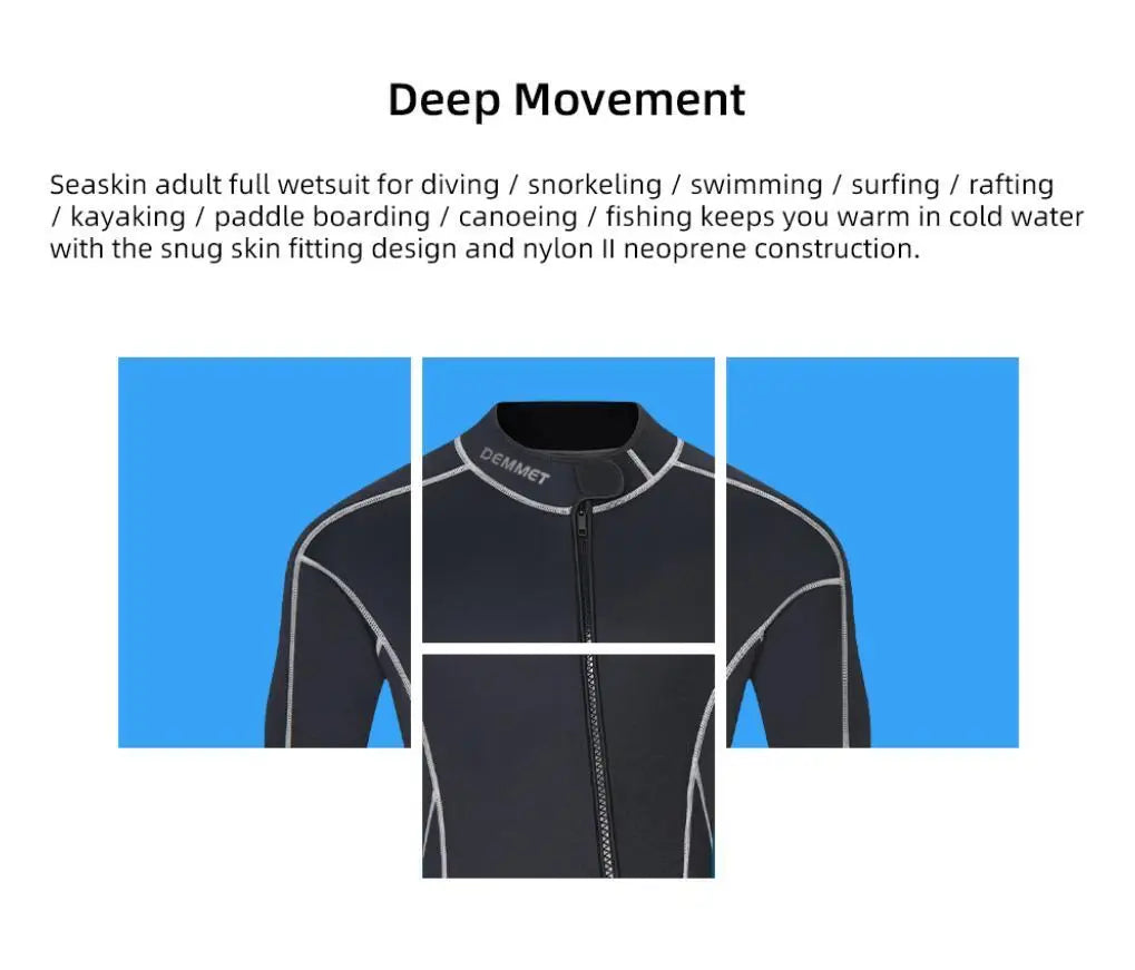 DEMMET 1.5MM Neoprene One-piece Wetsuit Men's Long Sleeves Front Unzipper To Keep Warm And Cold Surf Snorkeling Kayak