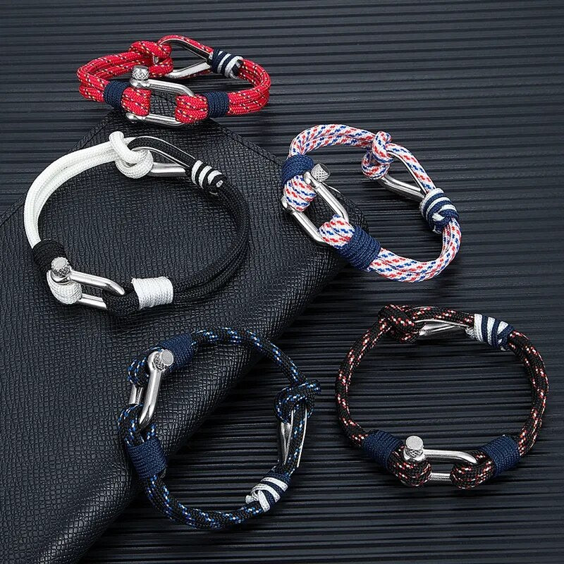 Mkendn surfista masculino náutico pulseira de corda ajustável com mosquetão de aço inoxidável para mulheres jóias de sobrevivência ao ar livre