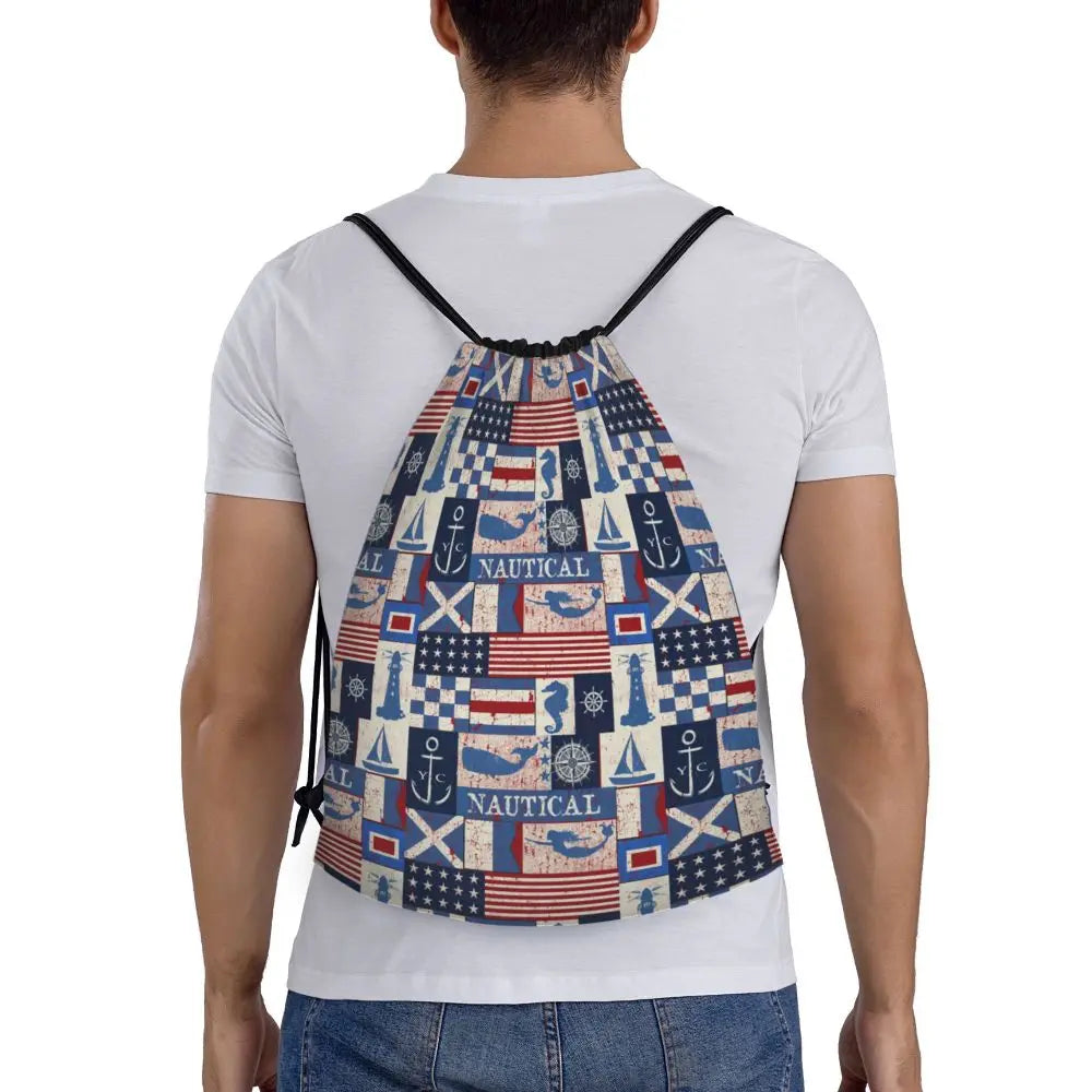 Custom Nautical Adventure Ocean Living Drawstring Bag  Yoga Backpacks Men Women Sailing Sailor Sailboats Sports Gym Sackpack