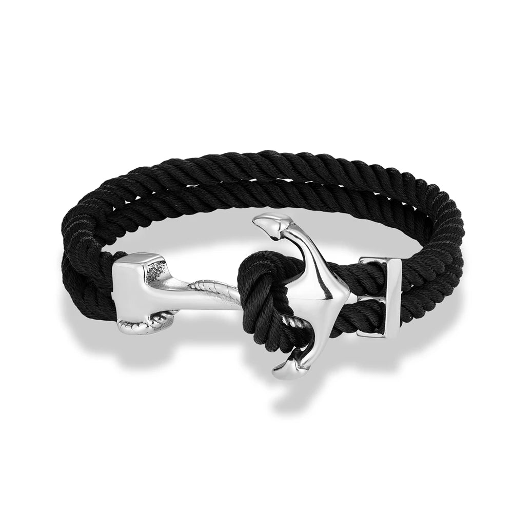 Mkendn pulseira de âncora estilo marinho, pulseira de aço inoxidável para homens e mulheres, fio duplo multicolorido, corda de surfista náutico, gancho de barco