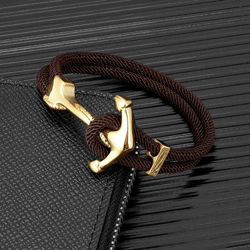 MKENDN Gold Plated Anchor Bracelet Men Charm Nautical Survival Rope Chain Paracord Bracelet Male Wrap Metal Sport Hooks