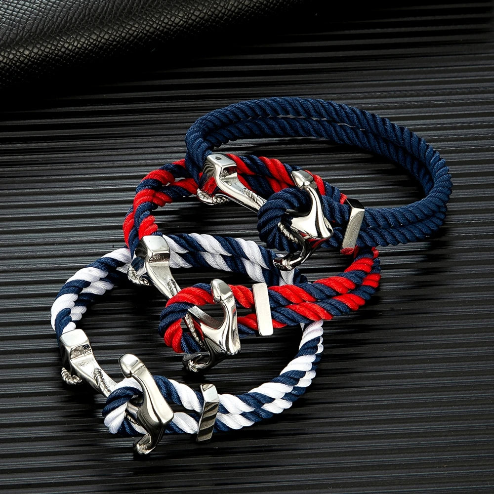 Mkendn pulseira de âncora estilo marinho, pulseira de aço inoxidável para homens e mulheres, fio duplo multicolorido, corda de surfista náutico, gancho de barco