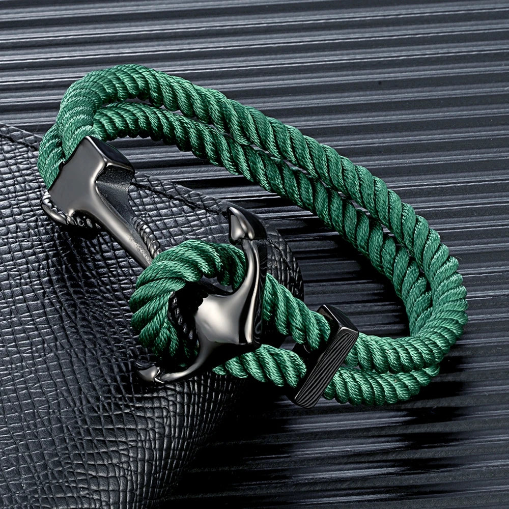 MKENDN Anchor Bracelets Men Double strand Nautical Waterproof Rope Bracelet Women Black Stainless Steel Surfer Sport Buckle