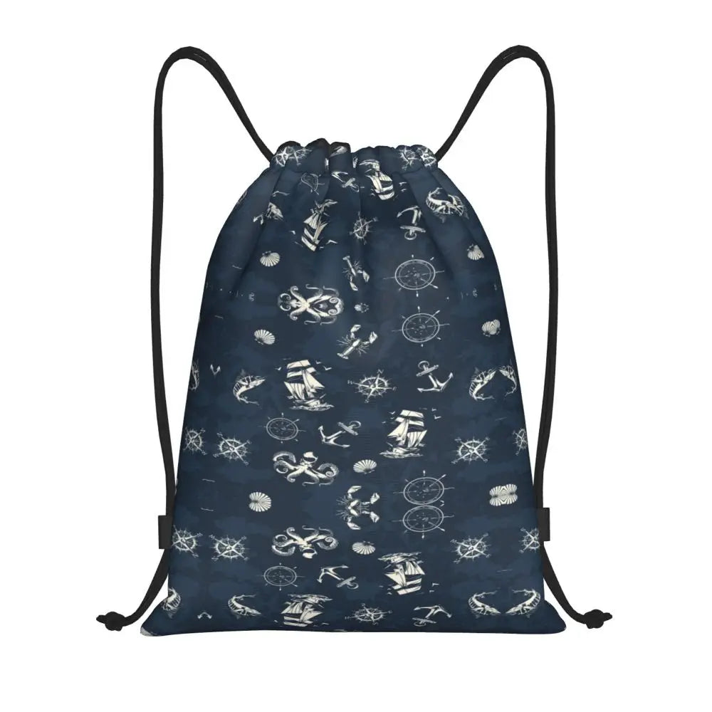 Custom Nautical Navy Anchor Pattern Drawstring Bags Women Men Lightweight Sailing Sailor Sports Gym Storage Backpack