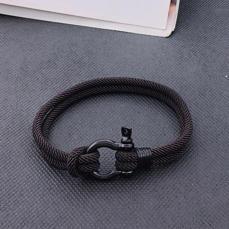 High Quality Men Marine Sailor Rope Nautical Survival Shackle Bracelet Black Stainless Steel Wrap Metal Sport Hooks For Women