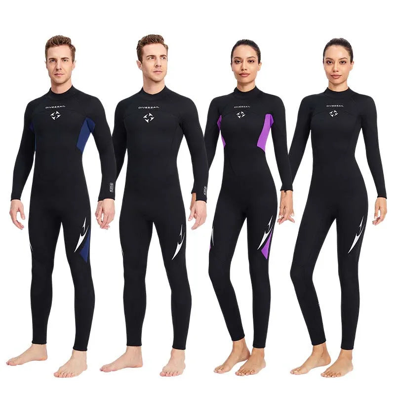 3mm Neoprene Black Splicing Wetsuit Men's Women's Long Back Zipper Surf One-piece Swimming Couple Suit Underwater Warm Suit