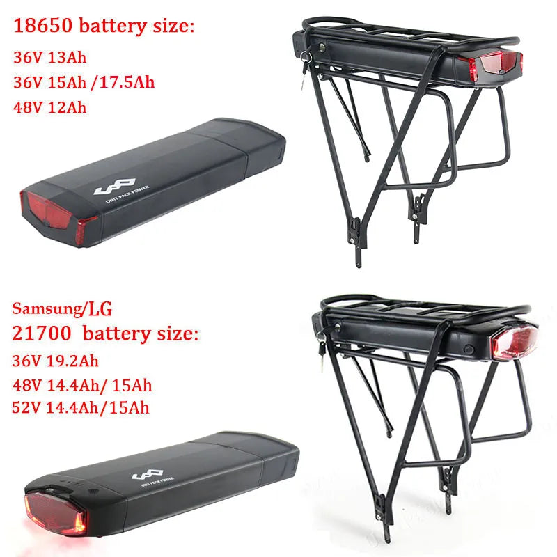 Bateria original para bicicleta elétrica, rack traseiro 21700, 36v, 19,2ah, 13ah, 48v, 52v, 14,4ah, 15ah, 17,5ah, 18650, bateria elétrica para bicicleta, 250w-1000w