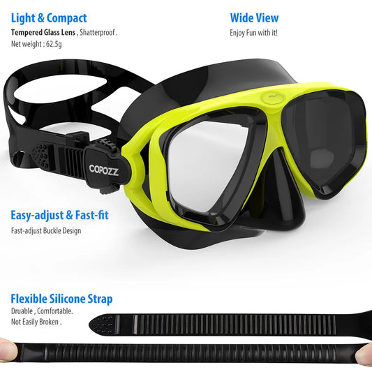 Copozz profissional mergulho máscara de mergulho sem embaçamento óculos de mergulho selo mergulho máscara de vidro temperado óculos de proteção das mulheres dos homens