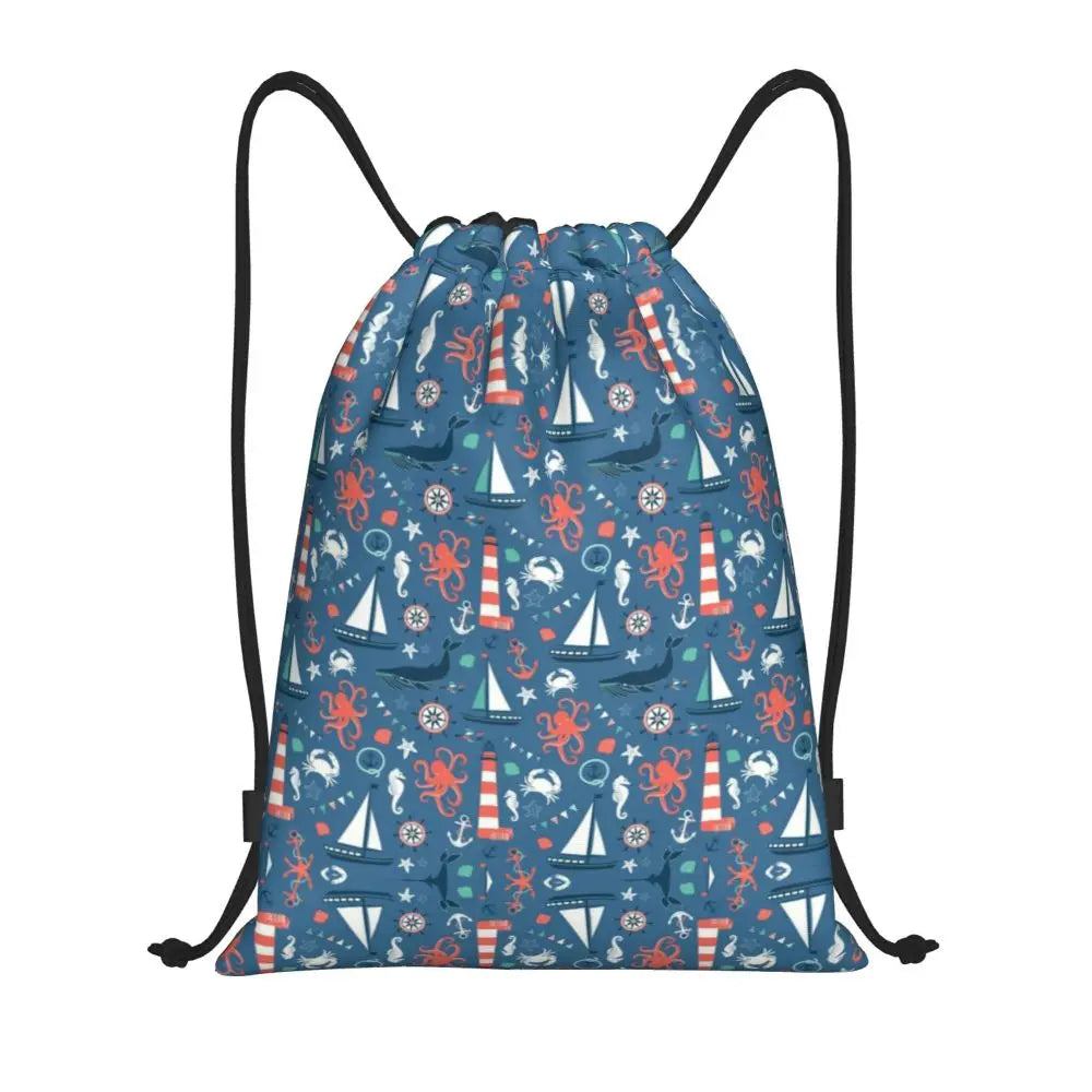 Custom Nautical Navy Anchor Pattern Drawstring Bags Women Men Lightweight Sailing Sailor Sports Gym Storage Backpack