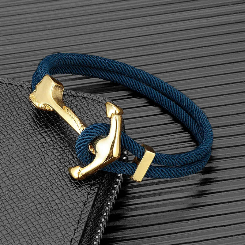 MKENDN Gold Plated Anchor Bracelet Men Charm Nautical Survival Rope Chain Paracord Bracelet Male Wrap Metal Sport Hooks