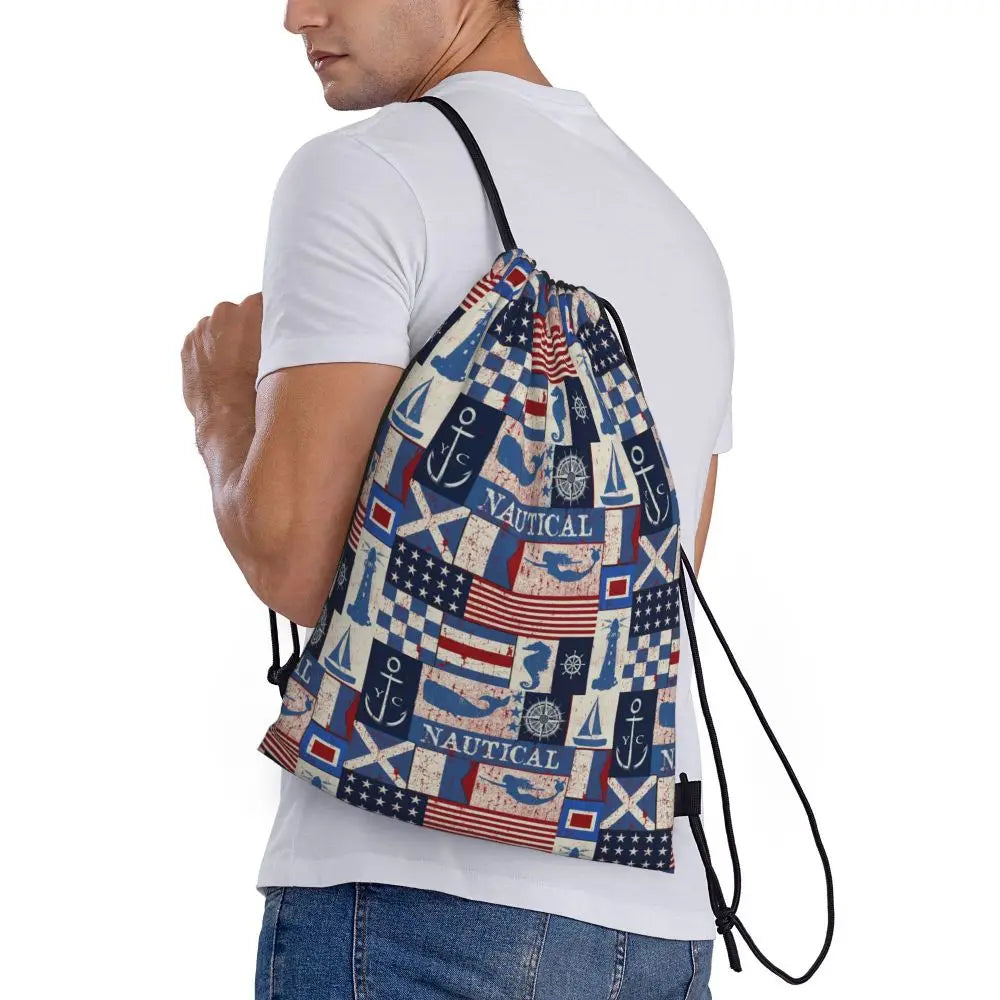 Custom Nautical Navy Anchor Pattern Drawstring Bags Women Men Lightweight Sailing Sailor Sports Gym Storage Backpack