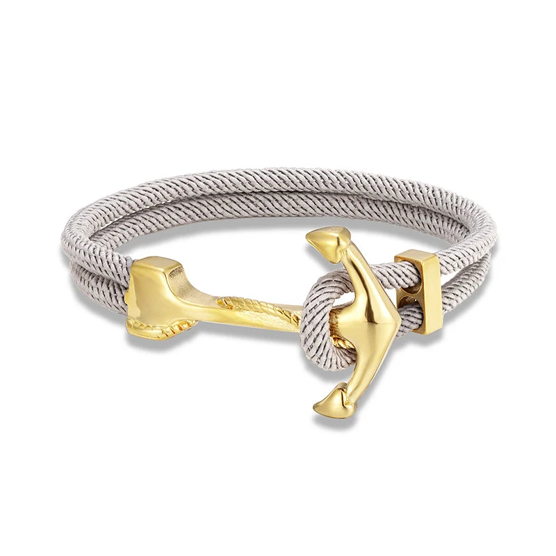 MKENDN Gold Plated Anchor Bracelet Men Charm Nautical Survival Rope Chain Paracord Bracelet Male Wrap Metal Sport Hooks