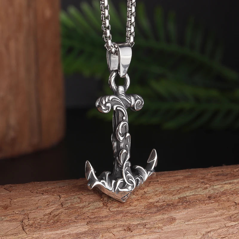 New Arrival Anchor Pattern Wave Necklace Retro Navy Nautical Pirate Pendant Stainless Steel Anchor Chain Men's Sports Jewelry