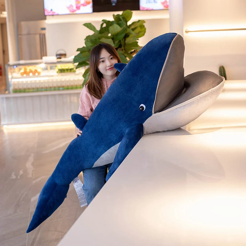 120cm enorme baleia azul boneca brinquedo de pelúcia macio animal aquático plushie boca com zíper dormir lance travesseiro presente de natal da menina do miúdo