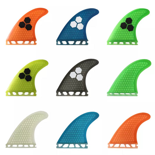 Tri fin set Single Tabs Fins S/M/L barbatanas de surf prancha de surf laranja/amarelo/azul/cinza/verde com logotipo preto Honeycomb Fiberglass