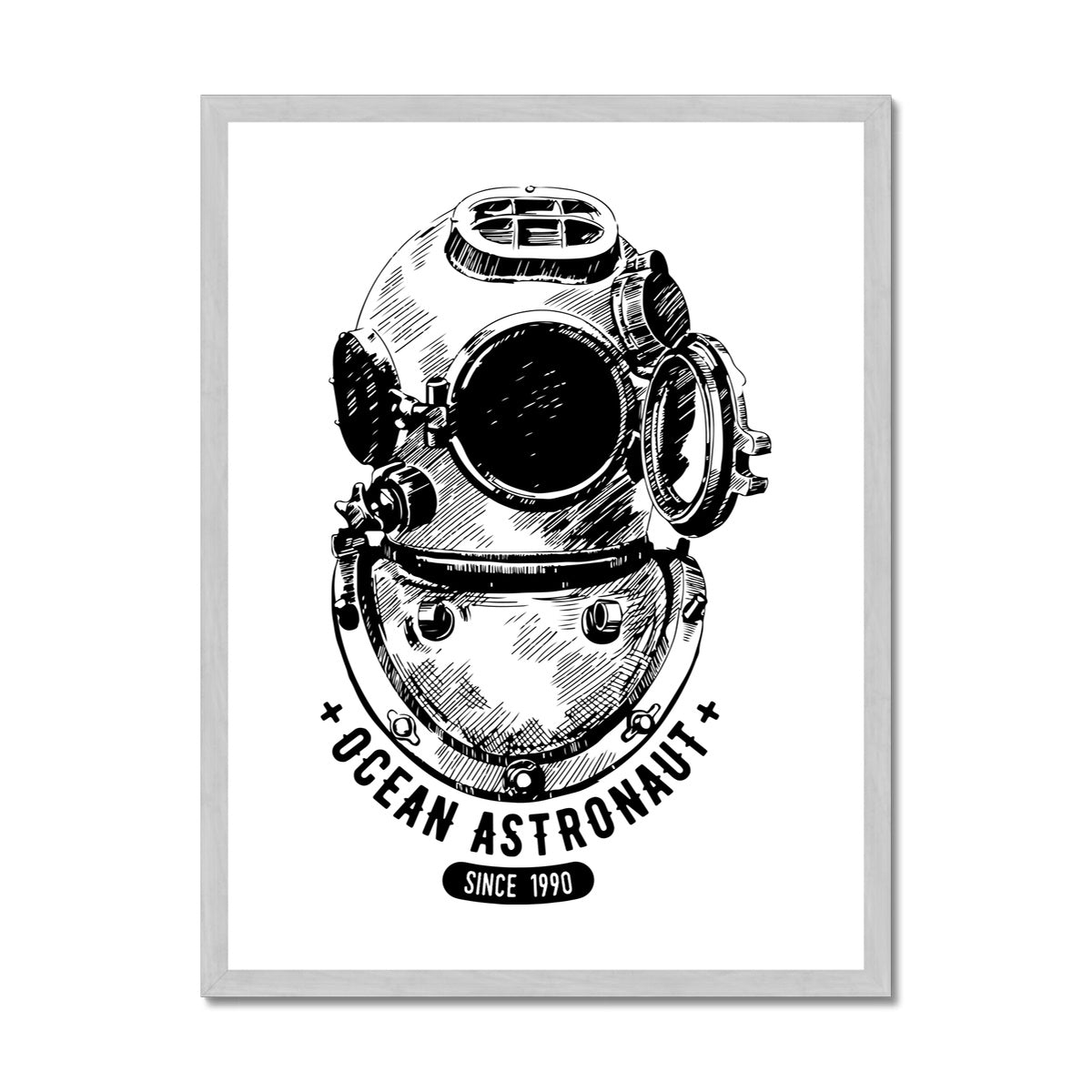 AQUA B&amp;W – 05 – Ozean-Astronaut – antiker gerahmter Druck