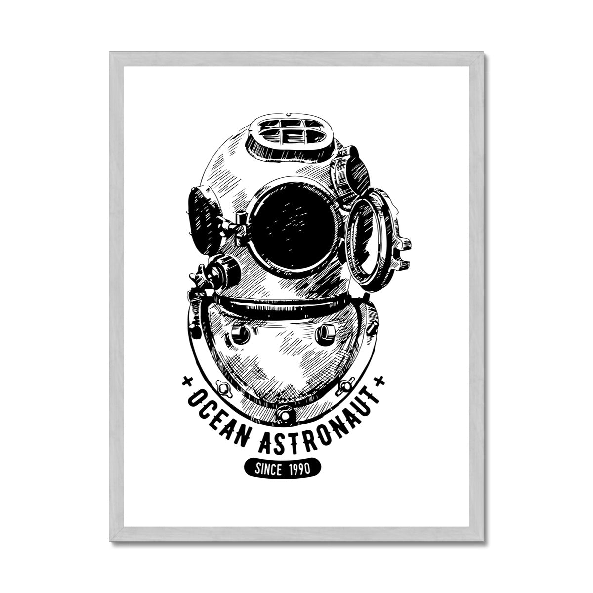 AQUA B&amp;W - 05 - Astronauta oceano - Impressão antiga emoldurada e montada