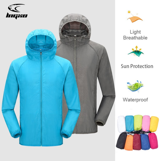 Jaqueta de chuva para acampamento, masculina e feminina, à prova d'água, proteção solar, pesca, caça, secagem rápida, corta-vento com bolso