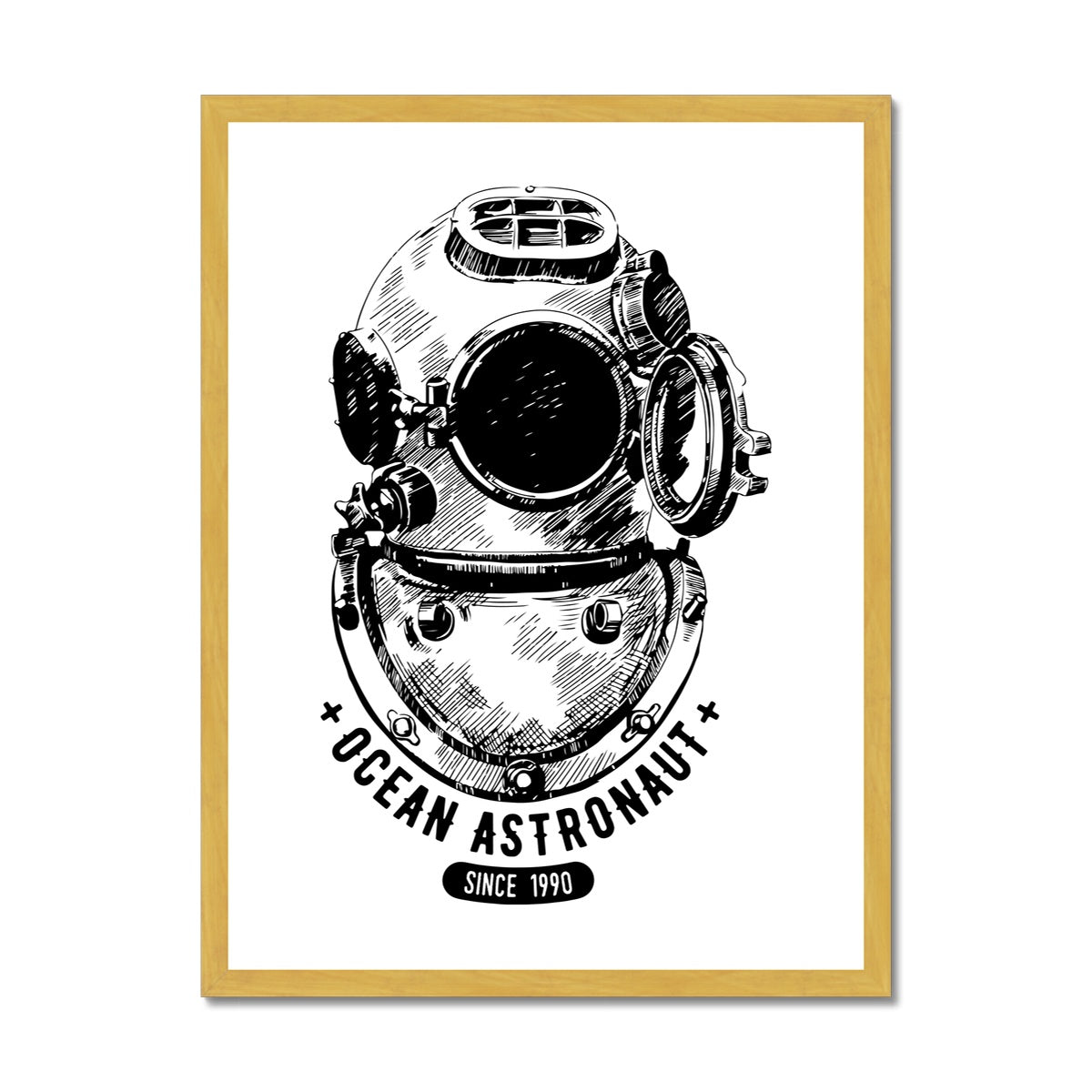 AQUA B&amp;W – 05 – Ozean-Astronaut – antiker gerahmter Druck