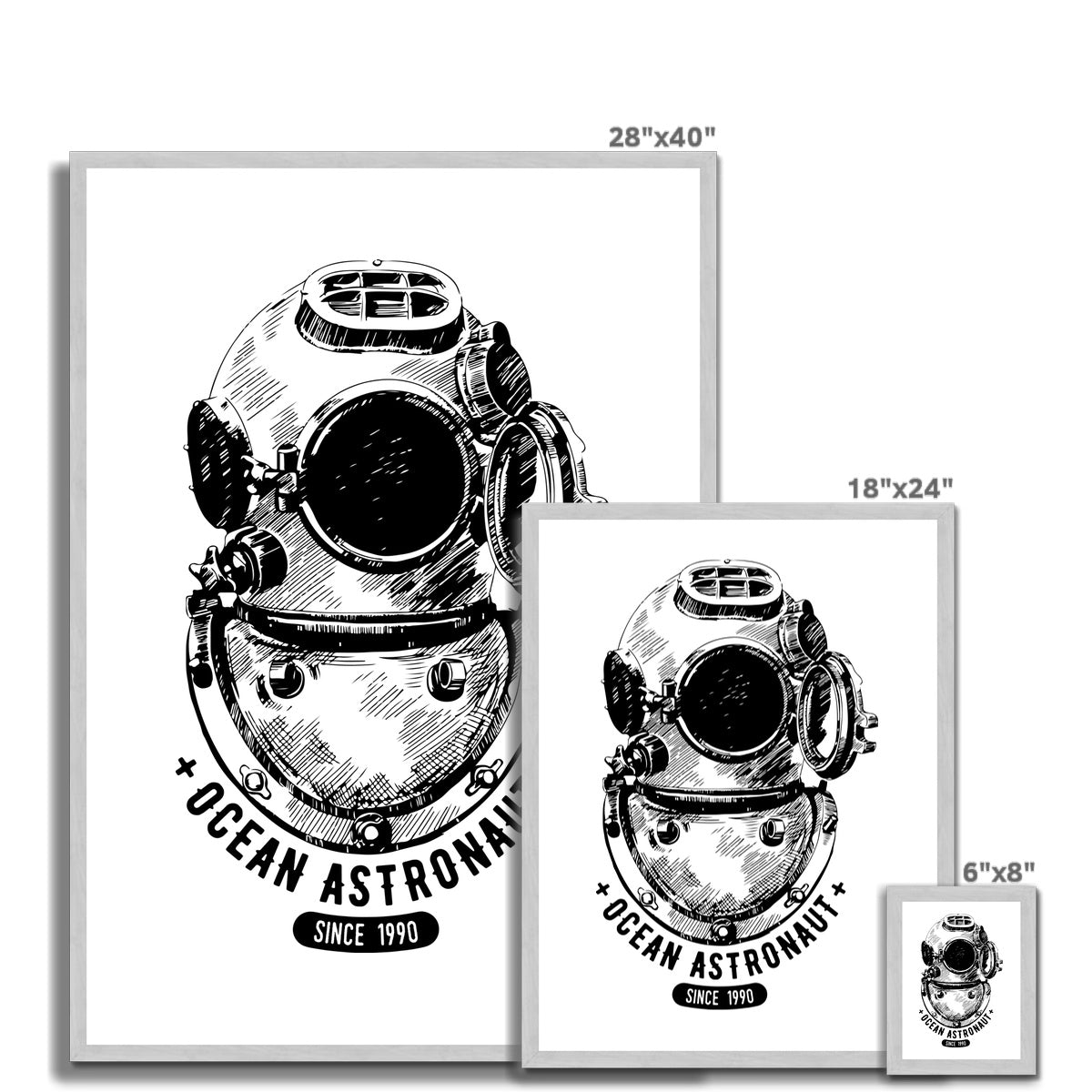 AQUA B&amp;W - 05 - Astronauta do oceano - Impressão emoldurada antiga