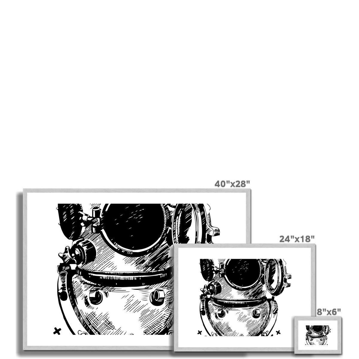 AQUA B&amp;W - 05 - Astronauta oceano - Impressão antiga emoldurada e montada