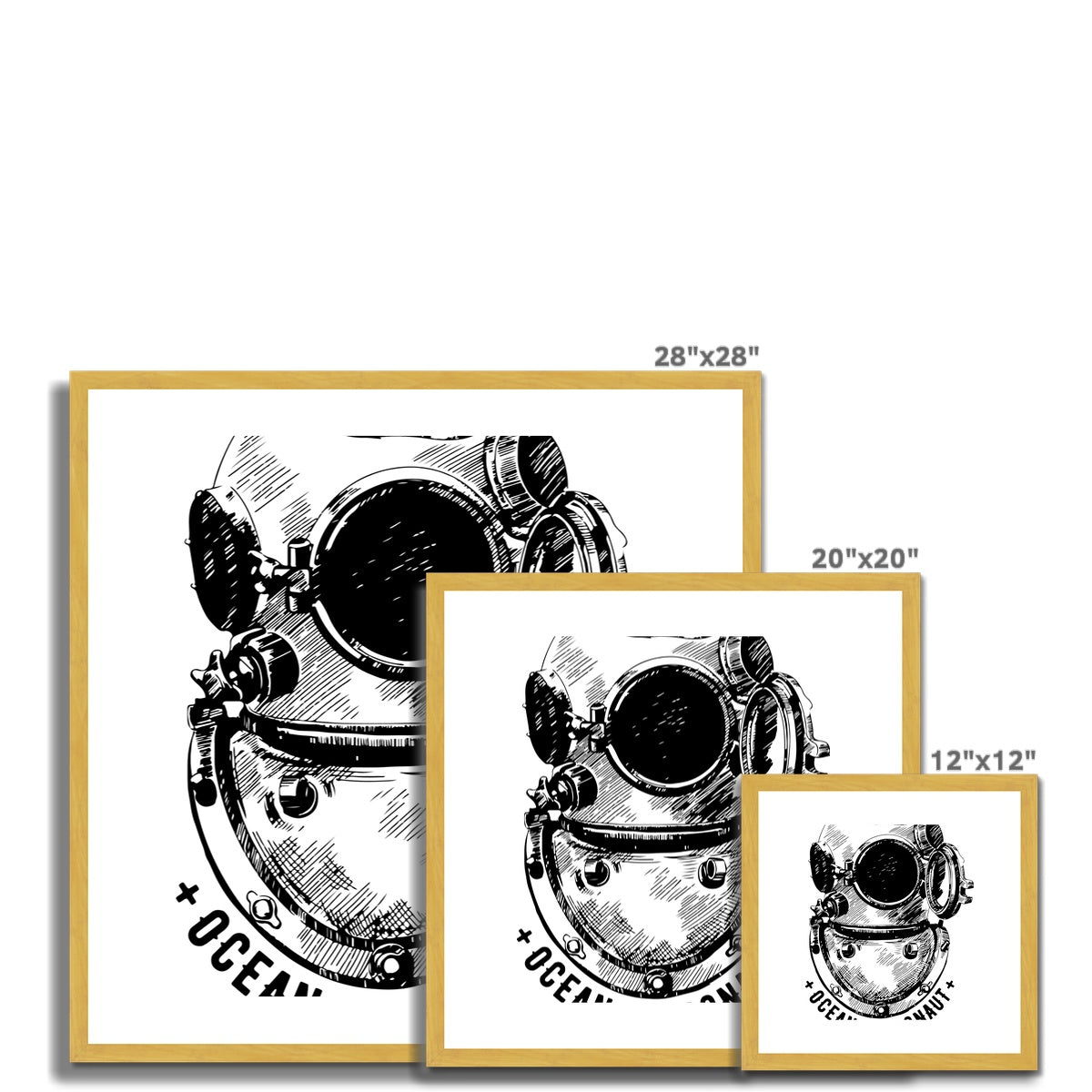 AQUA B&amp;W - 05 - Astronauta oceano - Impressão antiga emoldurada e montada